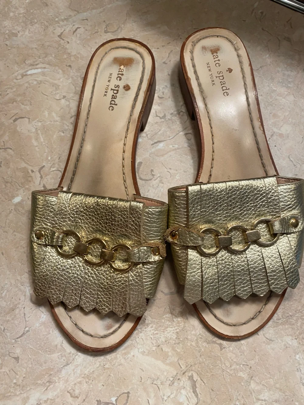 kate spade Gold Metallic Fringe Slide Mules